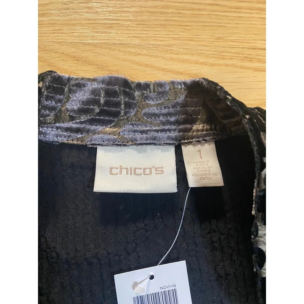 Chicos Velvet Burnout Jacket Black Gold Damask Open Front Size 1 (Medium) NWT
